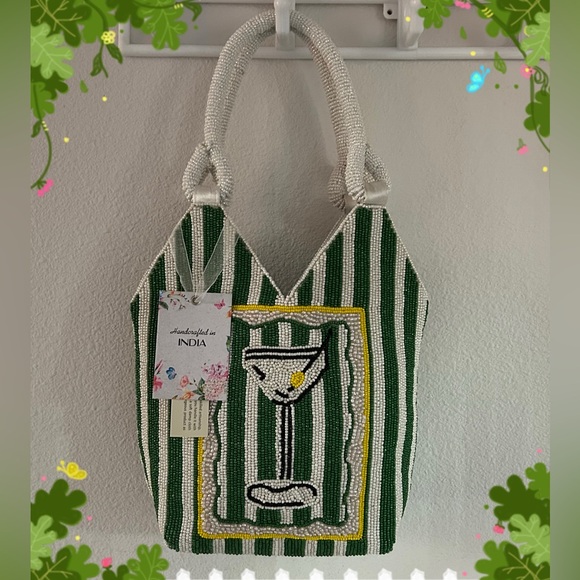 Handbags - 💜SOLD💜Handcrafted In India Beaded Martini Double Handle Satchel Green/White